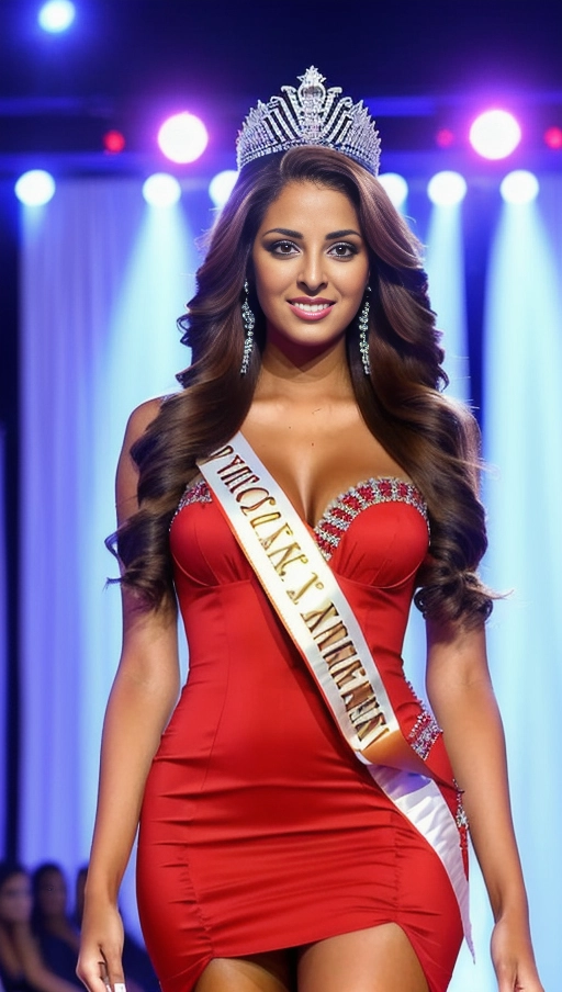 a beautiful young tall (teenage) model with long hair ((largest hugest brown eyes:1.2)),
realistic, masterpiece, wearing a red dress in a ((beauty pageant catwalk)), (full body framed), tiara, diamond jewellery, stilettos, makeup, large breasts