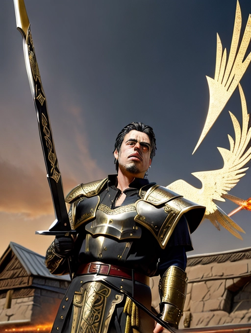 intricate highly detailed benicio del toro with graying hair and a goatee wearing medieval black thunderbird armor with gold accents and wielding a red bladed claymore