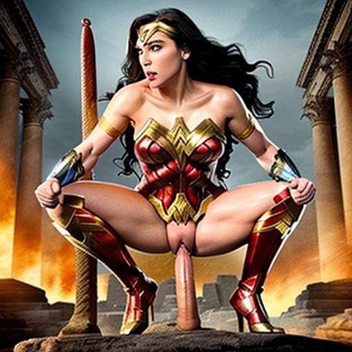 a graphic illustration of Wonder Woman on her knees ((sucking the huge cock)) of an ancient warrior