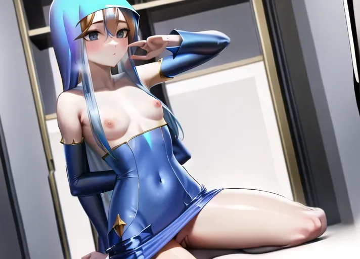 virgin mary, blue clothes, small breasts, topless, nsfw, kneeling, <lora:dpmg_photo_compare:1>