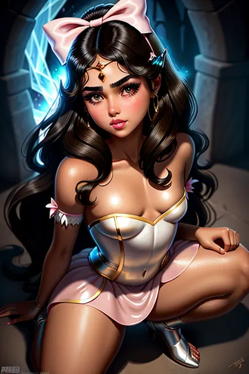 Fantasy princess, beautiful curvy, brunette hair, dark complexion, Arabic, full eyebrows, small nose, strong cheekbones, soft cheeks, full lips, narrow chin, pink bow in hair, half naked, pink dress, throbbing anus, aroused clit submissive, high definition, 4k quality, cinematic lighting, great shading, excellent detail, five fingers per hand.