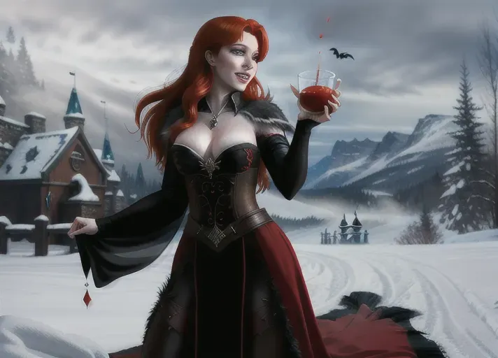 Sexy beautiful vampire adult auburn-haired Queen Anna of Arendelle rising from her mist enshrouded royal crypt on Halloween. Her red eyes aglow with unholy thirst as she bares her fangs with an alluring smile tainted with hunger. A thirst she seeks to quench as she sinks her fangs into the neck of her sister, Elsa of Arendelle. photorealistic. High resolution.