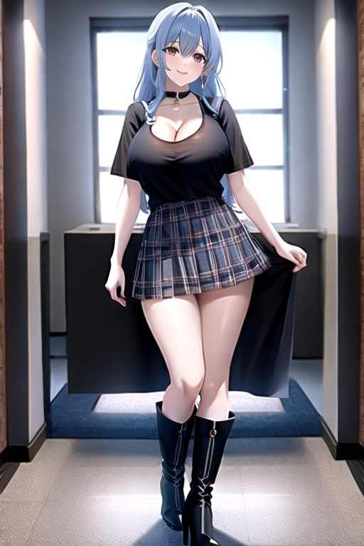 8k quality, brown eyes, pale white skin, blue hair, giant breasts, cleavage, looking at viewer, pov, long hair, wavy hair, full body photo, standing in room, smiling, black shirt, blue plaid miniskirt, high heels, knee high boots, choker