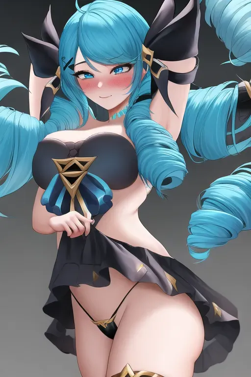 gwen (league of legends), 1girl, looks like gwen from league of legends, laying in a bed, x, x hair ornament, black legwear, blue eyes, blue hair, black panties, wearing black panties, drill hair, <lora:dpmg_lol_gwen:1>, hair ornament, highres, league of legends, long hair, solo, blush, erotic, nsfw, high quality, best quality, masterpiece, blushing