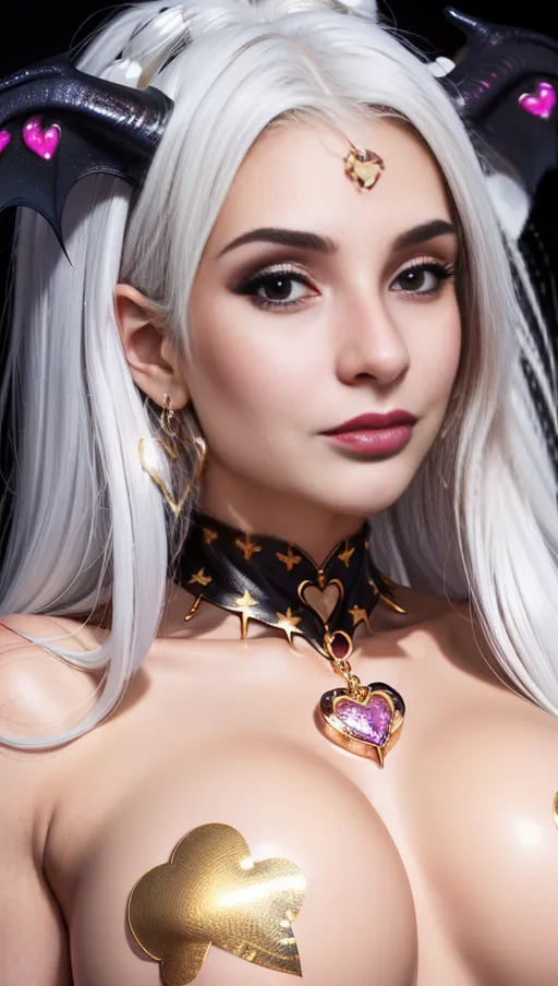 best quality, (((ultra high res))), (detailed face and eyes), hearts, perfect face, big choker, golden earrings, jewelry, glowing heart, golden heart necklace, ((((big heart pasties)))), ((white hair)), covered by gold, golden skin, chained, ((((succubus)))), face closeup, dark background