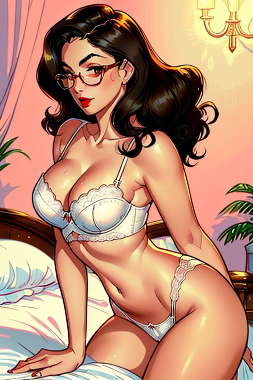 1950s, Beautiful, sexy, submissive, sensitive, aroused, christian, housewife, long brunette hair, 50s hair style, round glasses, Alexandria Ocasio-Cortez, full lush red lips, soft and curvy build, small perky breasts, thin waist, thicc ass, full thighs, smooth legs, cute feet, pink scruffled unbuttoned blouse, white 50s style bra, cleavage, cute white 50s style high waist panties, cameltoe, thicc hips, laying down on the bed, inviting me to impregnate her, in the bedroom, masturbating, playing with and rubbing her pussy and crotch, dim lighting in the room, beautiful fluffy bed, ((high definition)), ((4k quality)), ((excellent lighting)), ((great shading)), ((pristine detail)), ((really clear picture)), ((beautiful vibrant colors)), ((accurate at lower prompt guidence)), ((ultra realistic)), (((five fingers per hand))), (((two arms per person))), (((two legs per person))), (((two hands per person))), (((two feet per person))), ((((100 percent according to prompt))))