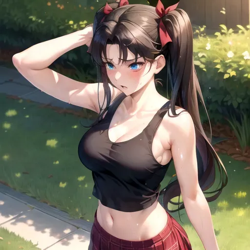 Rin Tohsaka, Rin, Tohsaka, Fate Stay Night, Fate, Nyotengu (DOA), Dead or Alive,
masterpiece, solo, best quality, nsfw, bokeh, uncensored, ultra realistic face, perfect eyes, perfect edges, two arms, two hands, ultra realistic, perfect face, perfect anatomy, (soft focus), ((perfect lighting)), full body, beautiful woman, beautiful, mature woman, sexy, adult, old adult, mature adult,
pigtails with ribbons, long black hair, full bangs, small eyes, tiny eyes, proportional eyes, blue green eyes,
cleavage, ((perky breasts)), big breasts, big boobs, huge boobs, busty, perfect boobs, perfect breasts, skinny, thin,
tank top, round neck top, flowing tank top, see-through tank top, loose shirt, joggers, sporty, running attire, casual clothes, casual, summer clothes, dressed for a hot day, sweaty, wet, sweaty body, wet body, dripping wet, plaid skirt
naughty, naughty expression, naughty face, naughty look, seductive, seducing, horny expression, horny, embarrassed,