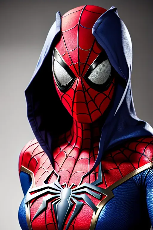 Female Spiderman, mask on, with a hood, detailed, female, anime, 8k wallpaper, best quality, ultra hd, global lighting, hi-resolution, high quality