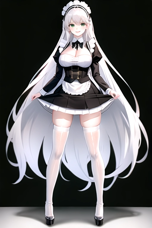 8k quality, green eyes, pale white skin, white hair, giant breasts, cleavage, looking at viewer, pov, long hair, wavy hair, full body photo, standing in room, smiling, black maid uniform, miniskirt, high heels, black knee high boots, black choker
