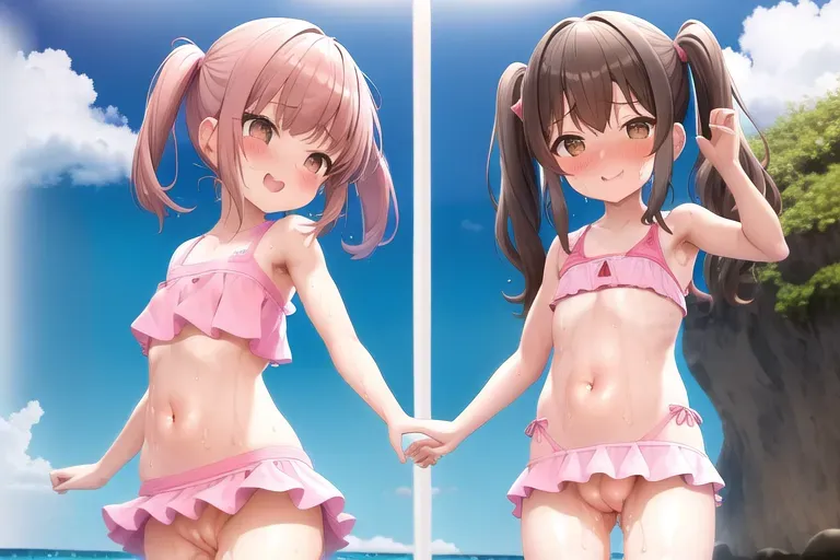 Girl,pink swimsuit,pigtails,brown hair,hairless pussy,wet,blushing,beach,happy,armpits,no panties,looking down,