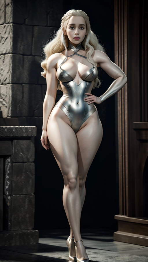 Young Emilia clarke,massive thighs, massive ass,game of thrones cosplay,platinum blonde hair,wide hips,full body,long legs,sexy pose,one body,skinny arms,goddess,tiny breasts,plastic skin,plastic doll