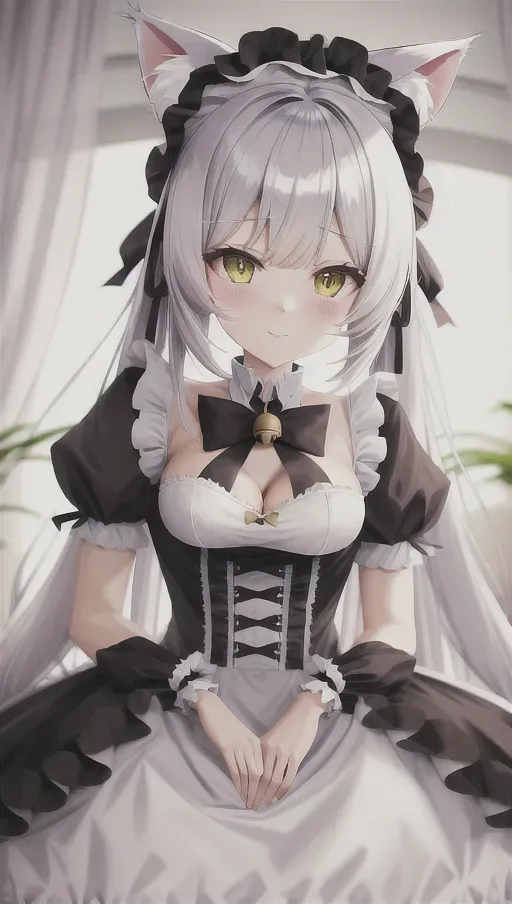 anime (cat girl) girl with fluffy ears and a fluffy tail in a maid costume, bell, frilly, Chantilly lace, beautiful, best quality, highly detailed, cute,