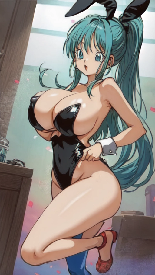 (((Busty Bulma from Dragonball with long hair wearing a playboy bunny costume with blue leggings and gigantic boobs)) (((black one piece strapless swimsuit))) (((blue stockings))) (((straight hair with bangs and no ponytail))) ((small waist and toned stomach)) (((32GGG-28-30 measurements))) (((high definition))) (((oiled skin))) (((shiny skin))) (((gigantic boobs))) (((maximum sized boobs))) (((huge nipples))) (((sagging boobs))) (shaved pussy) (((best highlights))) (((dimly lit room))) (((soft filter))) (((eyes in focus))) <lora:female ejaculation:1>