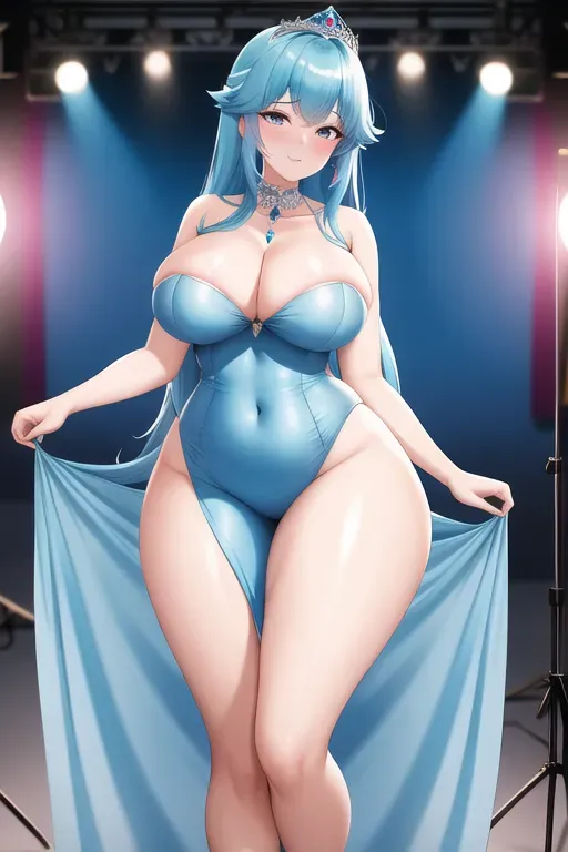 photo shot, 20 year old, a princess, thicc, naked, blue, photo studio, daytime, studio light, happy, 8k, professional