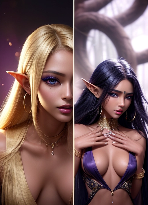 (outstanding portrait of a single Elf princess with black skin:1.2), (stunningly sexy and beautiful with blue eyes watching the viewer), athletic body with toned abs seen through a transparent skimpy yellow silk dress, slender waist with smooth skin and deep cleavage, detailed erect nipples seen through dress, (dramatic pose with arched back and exposed armpit:1.2), (slim body with small breasts:1.4), luxurious and revealing silk dress, extremely long platina blonde floating hair reaching to her hips, golden earrings and bracelets with precious gems, (naughty but sexy smile:1.1), (purple eyeliner:1.1), (smokey eyeshadow:1.0),
(front view zoomed in portrait with focus on face and breasts:1.6), background setting is outdoor in a lush forrest with pond and waterfall, several purple flowers on trees and bushes,
(masterpiece:1.1), (photorealism:1.1), <lora:dpmg_add_detail:0.6>, (NSFW:1.1),
cinematic lightning, artificial lighning, great shadows, best quality, highest quality, highest resolution, 8k, Perfect composition, masterpiece, sharp focus, perfect anatomy, five detailed fingers on each hand, two arms, no ribs visible, no extra nipples