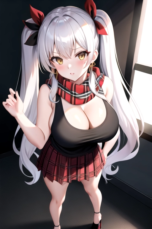 4k quality, black tank top, high heels, red plaid miniskirt, yellow eyes, pale white skin, white hair, giant breasts, cleavage, looking at viewer, pov, long hair, wavy hair, looking out window, pigtails, slim body, red scarf, gold earrings, looking down shirt, lying on back, cute, full body photo, leaning towards viewer, holding breast, standing up, oversized hoodie