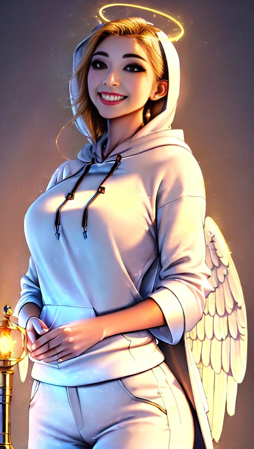a 64k high detailed photo of Female Goddess, ((In clothing Robes))), (((In Hoodie))), HDR, Professional, Highly Detailed, ((In pants))), ((In Shirt)), ((Has Attire)), Godly, Ultra Detailed, Best Quality, Most Detailed, ((Angel Wings)), Angelic Lighting, Angelic Tattoos, Love, Hope, Magic casting, Smiling, happy, Glory, Warrior, Angels, Angelics, Positivity, Happiness, ecstasy, enraptured, sweaty, saving, God, Royalty, Morality, Goodness, True Good, Power, Force, Authority, Ethical, Saviour, Halo, Always and Forever Sentimental, in heat, hot, ultra hot, best, best lighting, tantric, Neutral, Brilliant, Logical, Compassionate, Perfect, Perfection, Exciting, Integrity, Winged, Courage, Purity, Harmony, Beauty mark, ((Female)), Ethereal Lighting, (((With Clothes))), ((With God Item)), ((God Tech)), (God Technology), with items of power, God Wings, (Afterlife Light), ((Perfect Body)), ((Perfect Anatomy)), (Love Worship), (God Light), ((God Staff))), ((God Weapon)), (Spirituality), (Smiling), ((Happy expression)), ((((Has Clothing On))), accessories,