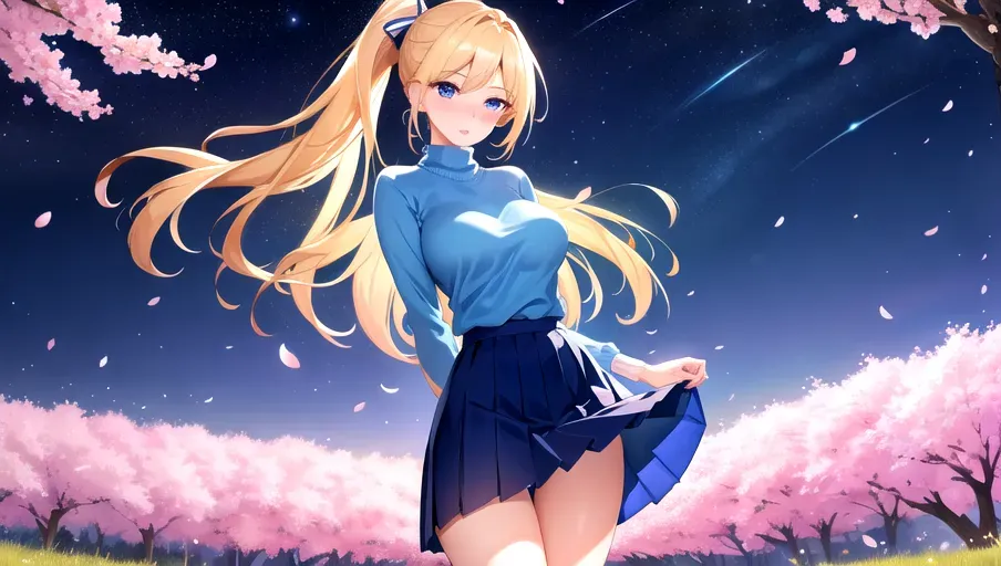 4k, high-res, masterpiece, best quality, night, soft starlight, outside, meadow, no artificial light, wide angle, distance shot, detailed background, 1 girl, slim waist, gorgeous figure, long slender legs, hands behind back, long flowing blonde ponytail, large detailed deep blue eyes, shimmering eyes, bright red lips, beautiful lips, light-blue sweater, navy-blue pleated skirt, standing in meadow, cherry blossoms, shy facial expression, blushing