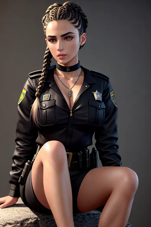 a color pencil draw of,an italian girl,wearing police clothes,sitting on bent knees,in a dystopian future,amazing breasts,five slender fingers,braids hair,beautiful face,beautiful lips,black eyes,curved eyebrows,curved eyelid,smooth skin,cosy,wearing necklace,cgsociety,unreal engine,highly detailed,pixiv,ultra realistic