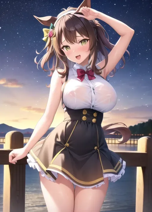 best quality, masterpiece, 1girl, detailed background, highly detailed beautiful face and eyes, Umamusume Pretty Derby, Taiki Shuttle, yellow short straight hair, ( forehead: 0.9 ), green eyes, horse ears, wearing a yellow diamond on her hair, wet slime body, nude, huge breasts, creampie, open mouth, laughing, pussy out, masturbating while standing, at Goryokaku Park in Hokkaido, aurora borealis night sky, full body, fisting frontal