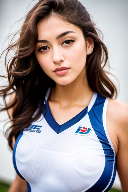 18, ((detailed face)), Lebanese woman, (Malena Morgan:0.5), slim, nude, medium perky breasts, full lips, thin eyebrows, oval face, upper body shot, shy, ((wavy hair to front)), cheer uniform, <lora:dpmg_upshirt:1>