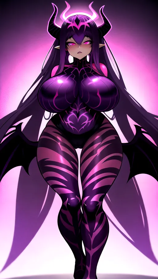 best quality, ultra high res, detailed face and eyes, perfect face, big shining heart choker, earrings, jewelry, very long voluminous hair, (pink glowing hair:1.2), lipstick, purple long sleeves, purple glowing heart, demon mark, straight hair, (huge boobs:1.3), black demon horns, very very long hair, perfect face and eyes, straight hair, sexy succubus girl, pink glowing eyes, (demon wings:1.4), big glowing cameltoe, (purple corrupted symbiote suit:1.5), dark background, (pink glowing demon diadem:1.4), (dark spiked crown:1.2), (thick succubus tail:1.3), demon tail, (pink glowing heart pasties:1.2), standing straight, shiny leather, purple leather skin, purple skin, bondage, strings, ropes