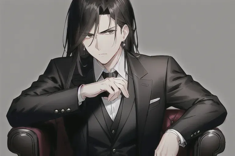 handsome mature man, medium layered hair, dark brown hair, black eyes, serious face, serious eyes, detail eyes, black formal suit, black gloves, great lighting, 4k, sitting on a chair, beautiful background, athletic body, assassin, silver watch, black earrings