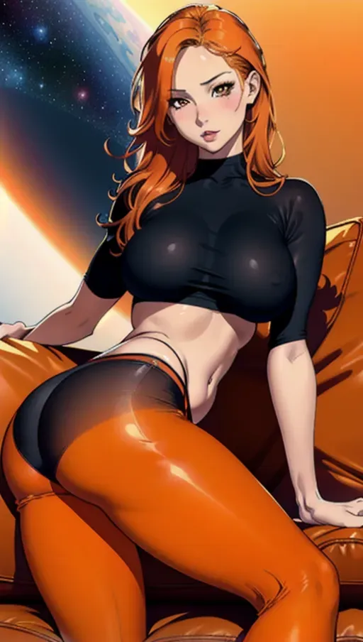 naked, sexy, realistic face, face details,
Masterpiece, full body, big breasts, orange string, no brah, slim, lean body, cute navel, big ass, nice ass, cute ass, outer space background, laying on a couch, good anatomy, full body, sexy legs, sexy face, ginger, cute panties, panties, space-suit, sitting on a couch, leggings, orange leggings, back slick