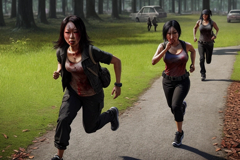 asian woman, running, zombie outbreak, scared, chased by zombies, ((realistic)), High detail,
