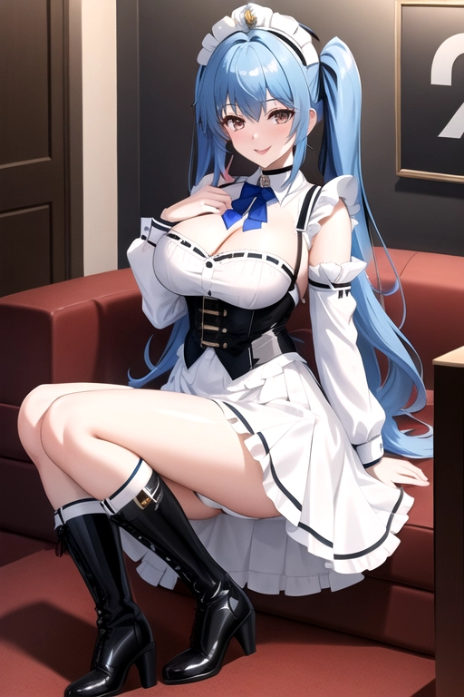 long hair, pale skin, blue hair, brown eyes, black choker, giant H-cup breasts, wavy hair, white maid uniform, smiling, full body photo, 28 years old, miniskirt, cleavage, high heels, red corset, 8k quality, boots, in living room, pigtails