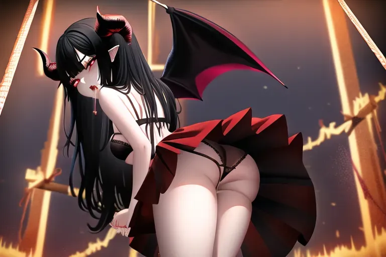 demon girl with medium breasts, long black hair, angel wings, demon wings, feathers, huge wings, black wings, wings behind the back, tied up, rope bondage, tied hands, ropes, tied to cross, crucified, short dress, short skirt, red skirt, red dress, horns on the head, rams horns, red eyes, glowing eyes, view from behind, upskirt, white panties under skirt, black bra, oral job, sucking dick, oral, facefuck, cum in mouth