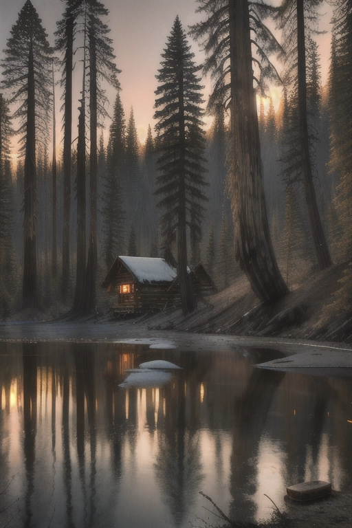 redwood trees, mud puddle, sunset, cabin, snow caps, salmon river, ((grizzly bear)), logger, male, axe, campfire