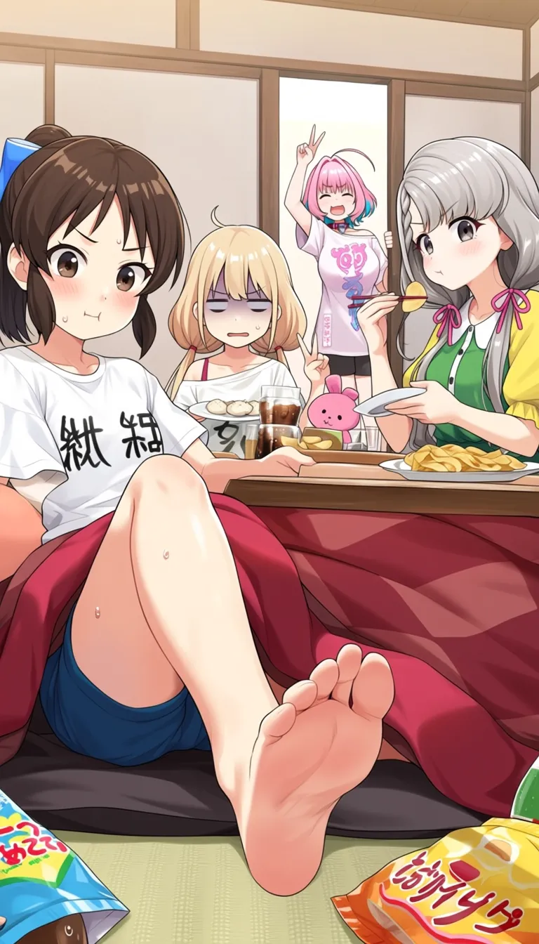 masterpiece, best quality, good quality. abe nana, futaba anzu, hisakawa nagi, tachibana arisu, yumemi riamu, 5girls, :t, ^ ^, arm up, bag of chips, barefoot, black shorts, blonde hair, blue hair, blue shorts, bow, braid, braided bangs, breasts, brown eyes, brown hair, brown skirt, chips (food), chopsticks, closed eyes, closed mouth, clothes writing, collared shirt, cup, dress, drinking glass, dumpling, eating, food, green bow, green dress, grey eyes, grey hair, hair bow, hair over shoulder, hair ribbon, high-waist skirt, holding, holding chopsticks, holding cup, holding plate, jiaozi, long hair, low twintails, medium breasts, multicolored hair, multiple girls, neck ribbon, off shoulder, open door, open mouth, pink hair, pink ribbon, plate, ponytail, potato chips, profile, red ribbon, ribbon, shirt, short sleeves, shorts, sitting, skirt, soda bottle, soles, stuffed animal, stuffed rabbit, stuffed toy, sweat, table, turn pale, twintails, two-tone hair, v, v-shaped eyebrows, very long hair, white shirt, yellow shirt