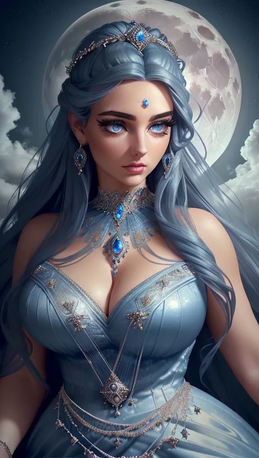 she is the goddess of the moon she is incredibly beautiful and mysterious she is graceful and voluptuous she is curvy, she has a powerfull look cold and mysterious and looking strait at the camera,
8k, front view, night, some clouds and full moon in the distance,
(((extremely detailed face))), (((beautiful))), (((mysterious))), (((extremely detailed eyes))), (((identical eyes))), (((same color eyes))), (((beautiful and very detailed goddess dress))), (((fake eyelashes))), (((eyelid))),
extremely detailed, extremely realistic, extremely high quality, extremely high resolution, studio quality lightning, extremely realistic,