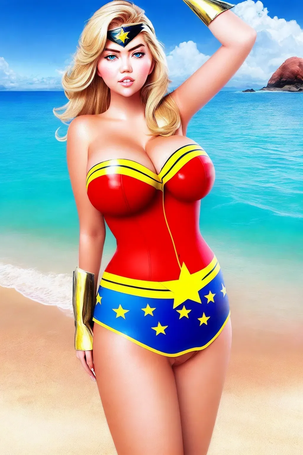 Kate upton in wonder woman costume realistic concept art, she is on a sandy tropical beach, sun and waves as background setting, big boobs