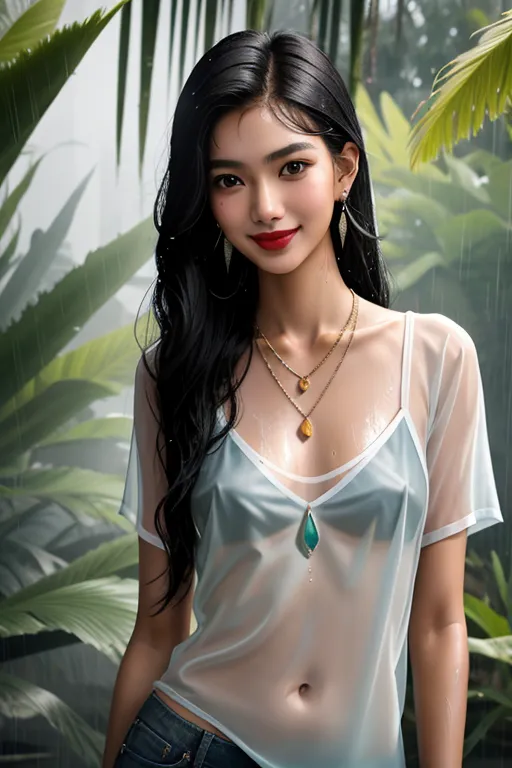 A full color professional closeup photograph of a tall gorgeous thin svelte 18 year old skinny girl, Malaysian, looking at me, sexually aggressive smile, soaking wet hair, soaking wet, necklace , earrings, eyeliner, lipstick, small natural breasts, silky pubic hair, wet sheer transparent see-through translucent flimsy thin t-shirt, revealing areola, revealing vulva,
