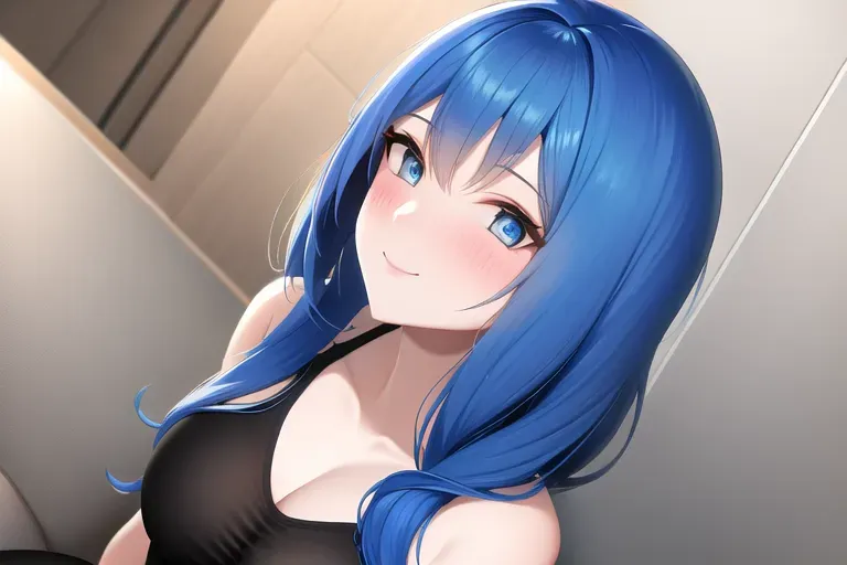 <lora:dpmg_upshirt:1>, blue hair
