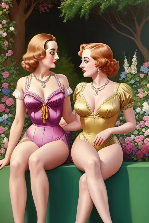 a colour painting in the style of a Victorian painting of, a young Bette Davis and a young Joan Crawford ,wearing sexy leotards, sitting in a garden, sexy pose, ,five fingers per hand, charming faces, long sexy legs, beautiful lips,curved eyebrows,erotic,wearing necklace,artstation,ultra realistic,pixiv,studio lighting