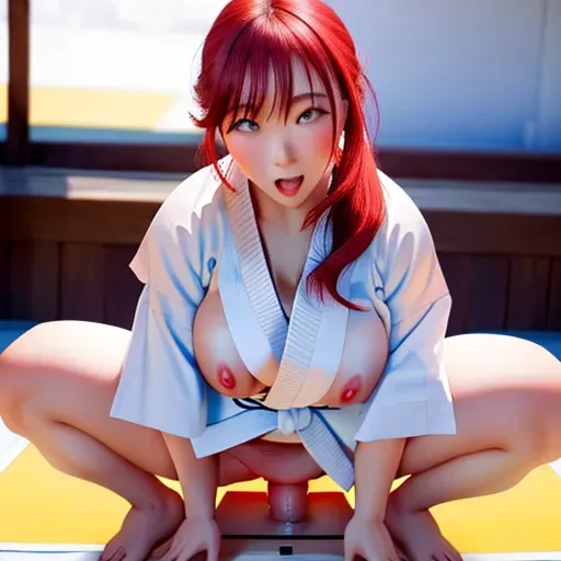 best quality, detailed face, camera RAW, <lora:dpmg_pov_cowgirl:1>, big dick pov, big thighs, close face, blurred background, <lora:dpmg_ahegao:1> pov, boobs, untied karate gi, looking over viewer, cute martial artist, happy, pussy, squatting, big eyes, nude, blue eyes, red hair, long pony tail, dojo temple, sexual, sweaty, wet, open roof temple, summer