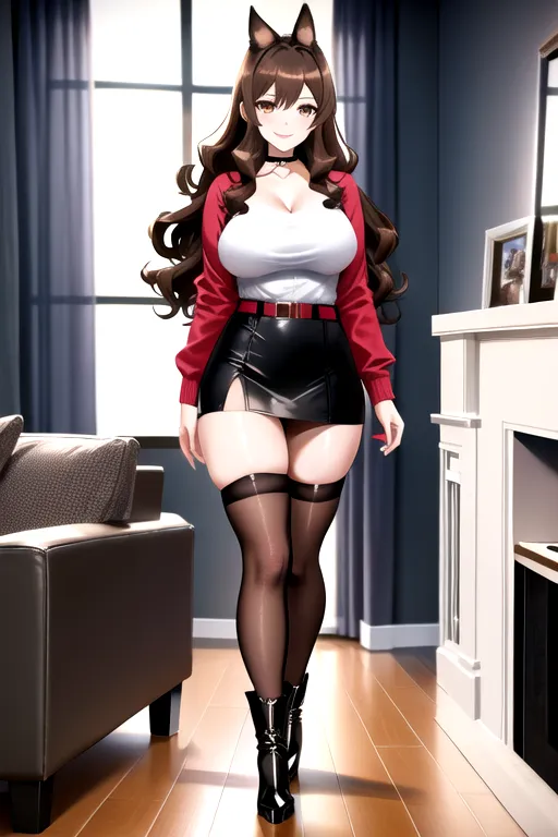 thigh high socks, miniskirt, brown hair, choker, brown eyes, pale skin, giant breasts, boots, high heels, looking at viewer, walking across room, living room, 1girl, smiling, wavy hair, 8K, Full body photo