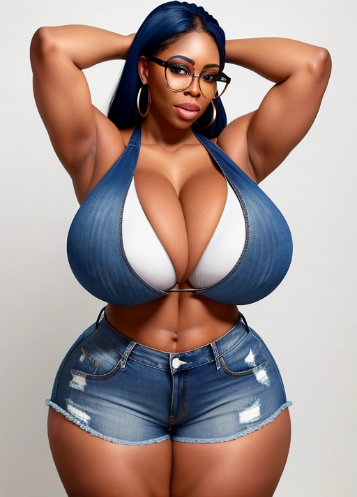 voluptuous, humongous breast, ebony girl, hands behind head, white tank top, huge nipples, blue jean shorts, curvy, huge cleavage, eye glasses