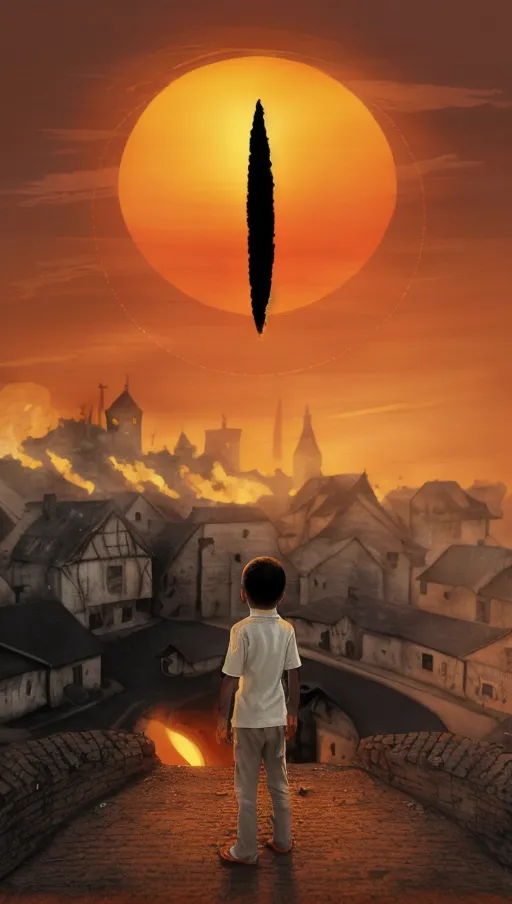 ((the sun in the sky has a thin black oval inside it)),
(The village beneath is on fire),
(A boy wearing white stares up at the eye in the sky),