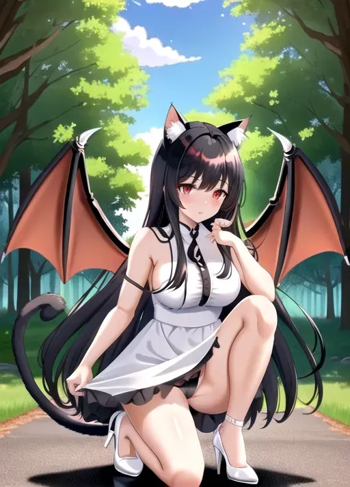 perfect quality, Neko-girl, fragon-girl, cat ears, horns, dragon wings, dragon tail, red eyes, black hair, long hair, toned body, sixpack, white dress, white high heels, outside, forest, detailed background, lifting dress, showing panties, black panties, embarresed expression