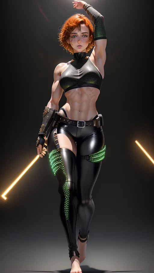 (((a highly detailed full body 8k photo of))), Short red hair, freckles, green eyes, serious face, black leather tank top, black leather pants, elbow length gloves, leather belt, 8k resolution, high definition, cinematic lighting, athletic body, smol, small breasts, photoshoot, flexing, perfect lighting, 8k digital photo, masterpiece, perfect lighting, 8k quality, ultra real skin texture, realistic hair, realistic skin, realistic eyes, detailed eyes, dilated pupils, accurate breasts, realistic, very realistic, ultra definition, ultra quality, (((ultra realistic))), (((artistic angle))), photorealistic, healthy, ultra realistic skin, realistic hair, pretty teeth, textured skin, ultra detail, lightly glistening with sweat, (face freckles), body freckles, pretty feet, pretty calves, pretty thighs, pretty abs, shaved legs, shaved armpits, ((perfect pretty face)), (accurate eyes), accurate teeth, accurate mouth, professional lighting, bokeh, ((accurate hair color)), (5 pretty toes on each foot), (five pretty fingers on each hand), (cute ears), detailed fingernails, detailed toenails, ((black background)), absurd res, UHD, HDR, (Masterpiece:1), (best quality:1), raw photo, masterpiece, best quality, illustration, (beautiful detailed), beautiful detailed glow
