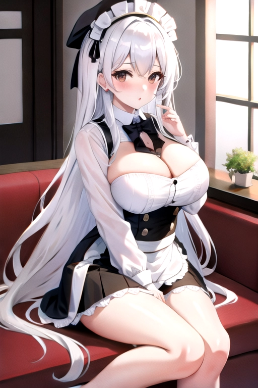 8k quality, brown eyes, pale white skin, white hair, giant breasts, cleavage, looking at viewer, pov, long hair, wavy hair, black maid uniform, high heels, miniskirt, standing in living room, asian