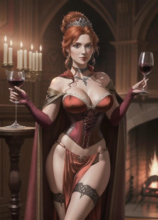 Beautiful Queen Anna of Arendelle, auburn hair tied in a loose bun, with a sinister smile, in red suede open front laced corset, red bikini bottoms, no skirt, thigh-high boots, opera gloves, floor length satin cape with no collar about her shoulders fastened over her heart with a black rose. In front of a grand fireplace one foot up on a stool, holding a goblet of wine. photorealistic.