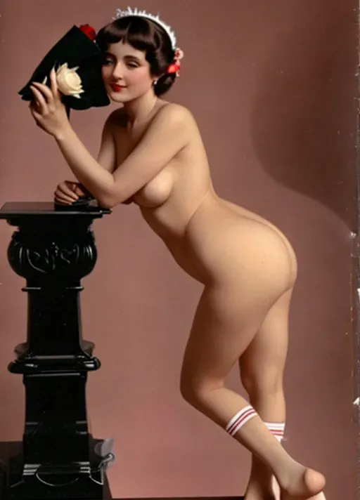 a Naughty French Postcard of Susan Gibney, nude, wearing shoes and socks, leaning against a pedestal, smelling a rose, correctly placed nipples