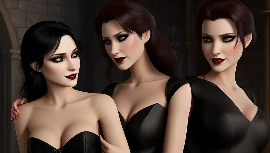 two figures in a dark and foggy goth club. An evil sexy sensual slightly taller dominant female black straight haired vampire with a wide toothy predatory smile, taking her human victim in her arms caressing sexually arching over as she bites the neck of her victim
fearful and seeking to escape, Innocent, good girl with light reddish-auburn gentle wavy hair, light make-up, good girl mid-twenties Anna of Arendelle, entranced lips agape in horror, eyes half closed in a modest elegant soft green Nordic ballgown.
photorealistic. High resolution