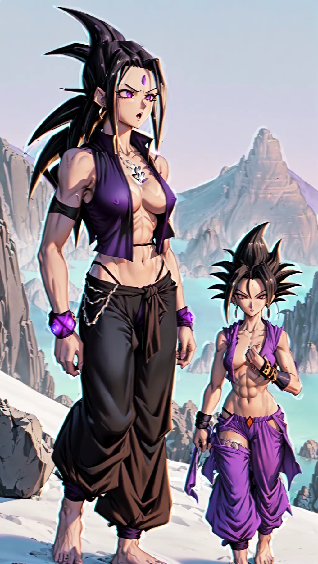 full-body image of slender topless barefoot Caulifla with erect nipples on a mountaintop, (Caulifla: 1.3), (Saiyan: 1.2), (Dragonball: 1.2), (topless: 1.2), (black wrist guards: 1.3), (baggy purple pants: 1.3), (wild black hair: 1.2), (barefoot: 1.2), (slender body: 1.2), (ice covered: 1.2), (tan: 1.2), (feminine: 1.3), (wearing black open vest: 1.3), (1 girl: 1.2),