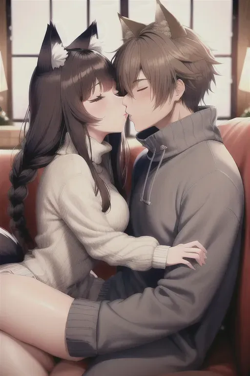 high quality, detailed, anime girl and anime boy, wolf ears on girl, wolf ears on boy, wolf tail on girl, wolf tail on boy, fluffy ears, fluffy tails, brown hair, girl is wearing a braided sweater, boy is wearing turtle neck, girl on couch with boy cuddling to stay warm, winter, cold, snow outside, hot chocolate, fireplace, cozy, wide shot, cute, blanket over both the girl and boy, girl is sleepy, blanket covering waist down, girl wearing pajama bottoms, girl is kissing boy, boy is kissing girl, kiss, kissing on the lips, French kiss, eyes closed, snogging, lips touching